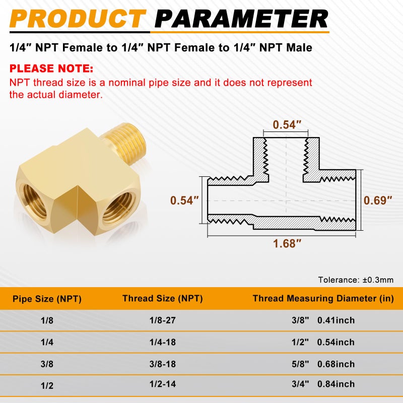 KOOTANS 4 Pack Brass Tee Fittings 1/4" NPT Female to 1/4" NPT Female to 1/4" NPT Male Barstock Street Tee Fittings 3 Way Brass Pipe Fitting - Image 2